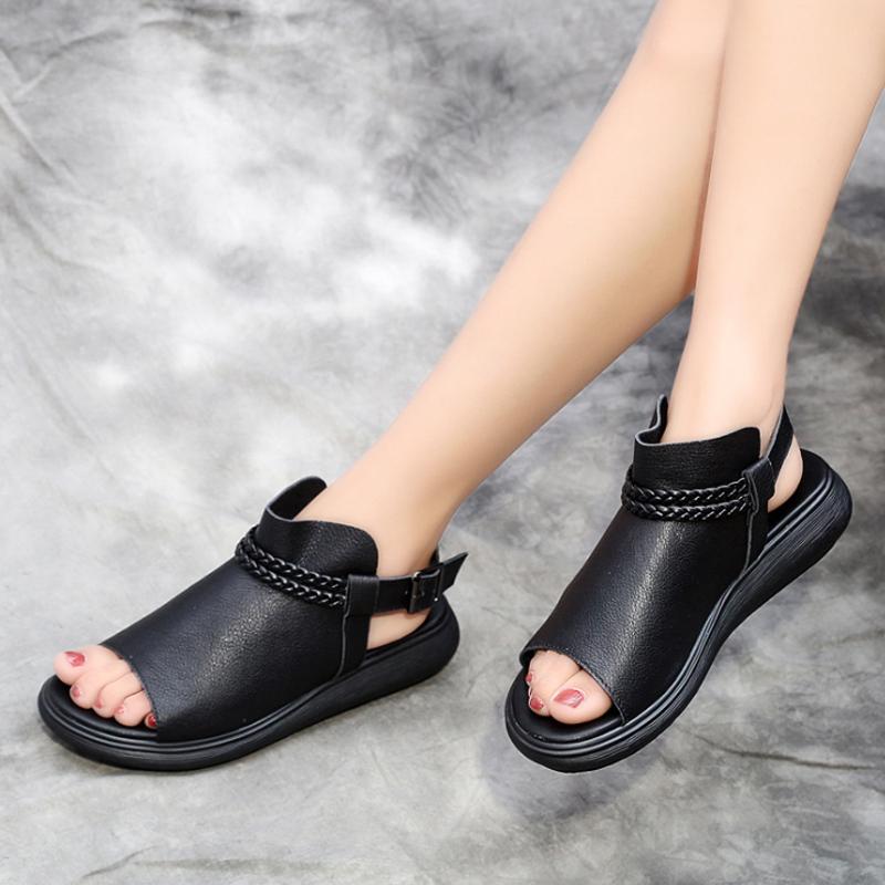 Black Casual Leather Women Flat Sandals