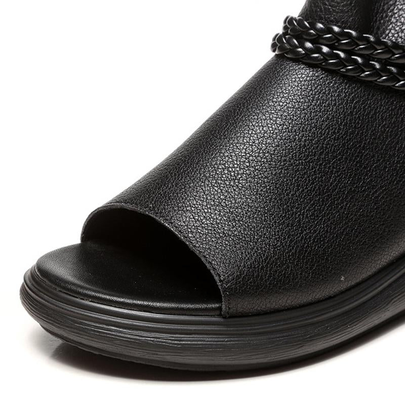 Black Casual Leather Women Flat Sandals