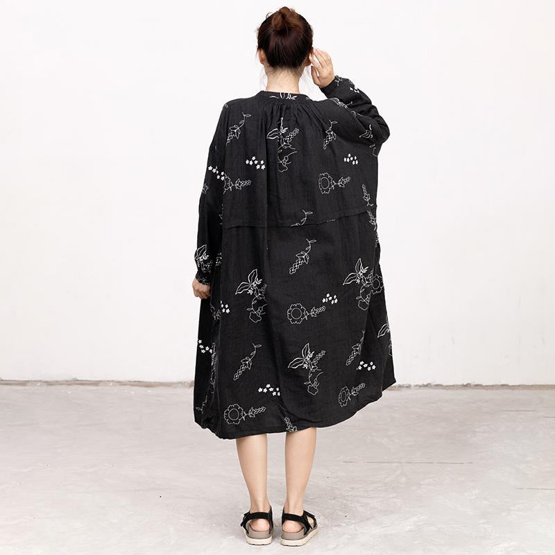 Black Printed Lacing Long Sleeve Autumn Dress