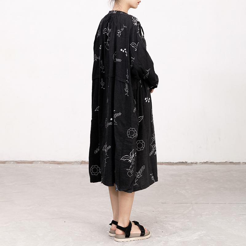 Black Printed Lacing Long Sleeve Autumn Dress