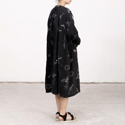 Black Printed Lacing Long Sleeve Autumn Dress