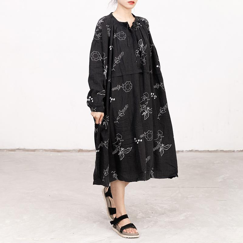 Black Printed Lacing Long Sleeve Autumn Dress