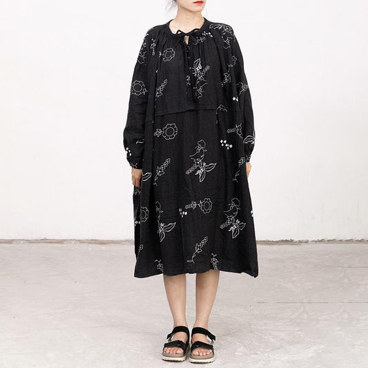 Black Printed Lacing Long Sleeve Autumn Dress