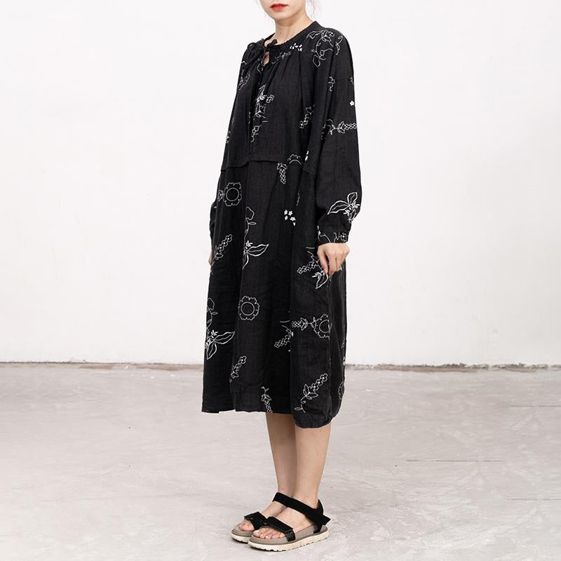 Black Printed Lacing Long Sleeve Autumn Dress