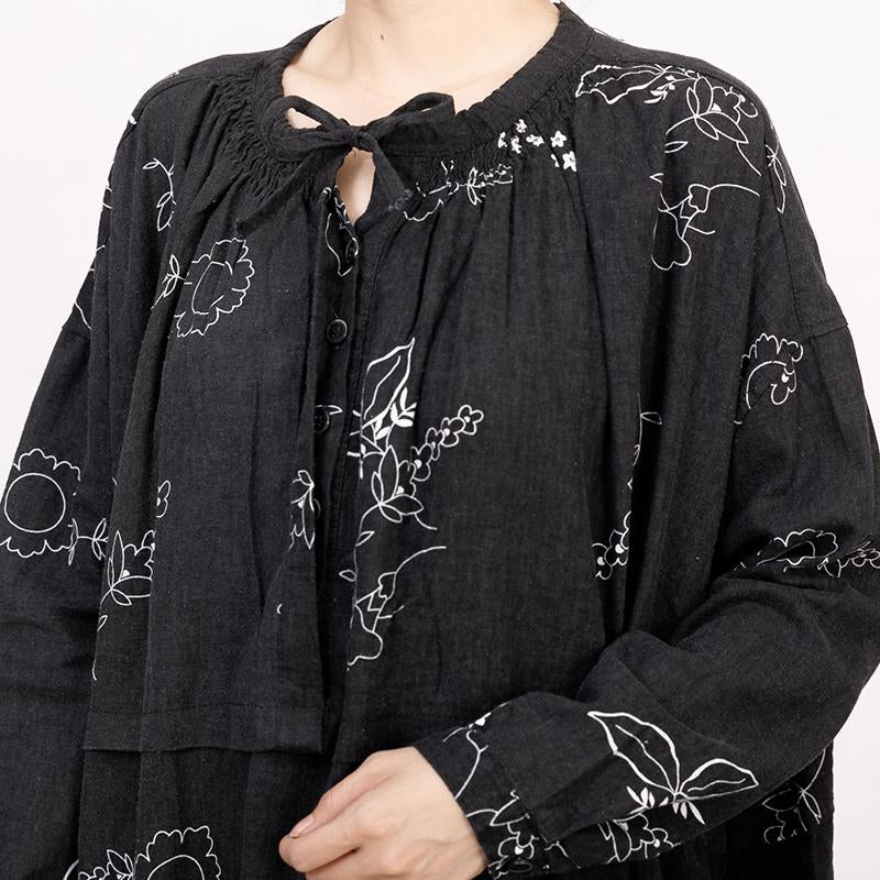 Black Printed Lacing Long Sleeve Autumn Dress