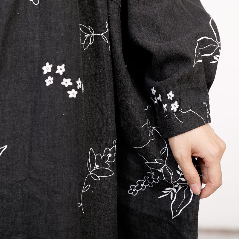 Black Printed Lacing Long Sleeve Autumn Dress