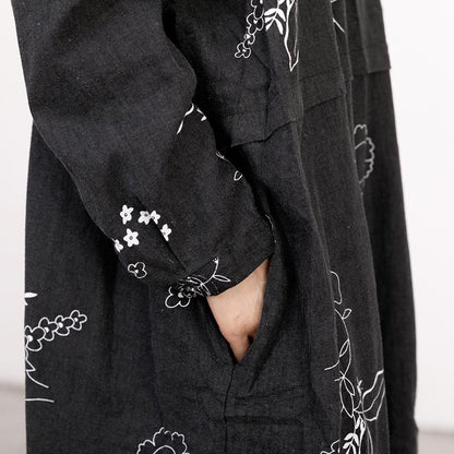Black Printed Lacing Long Sleeve Autumn Dress