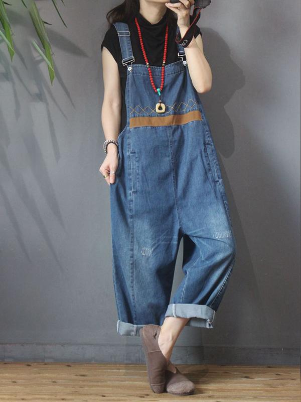 Burr Frayed Spliced Loose Casual Jumpsuit