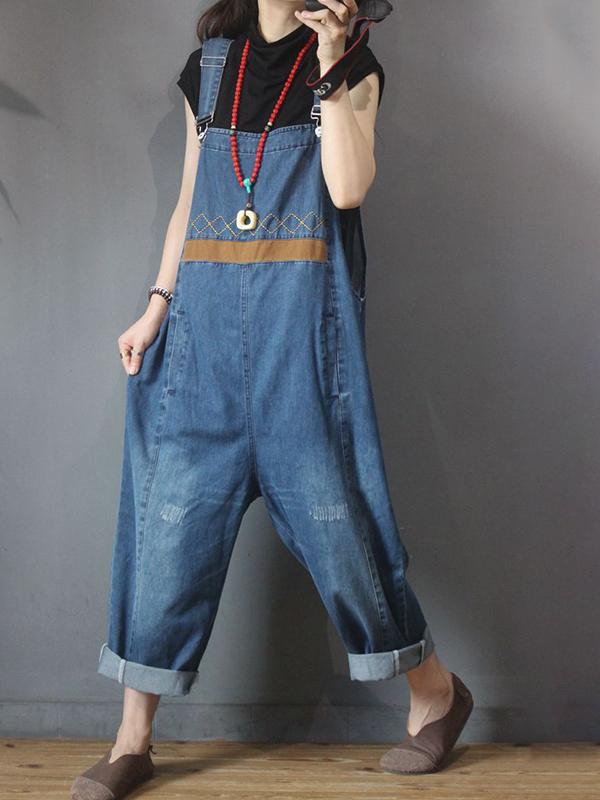 Burr Frayed Spliced Loose Casual Jumpsuit