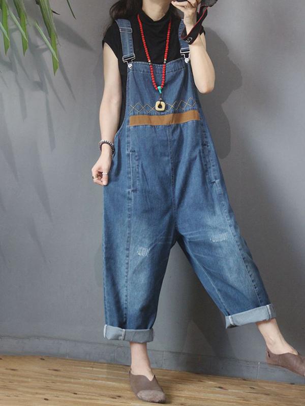 Burr Frayed Spliced Loose Casual Jumpsuit
