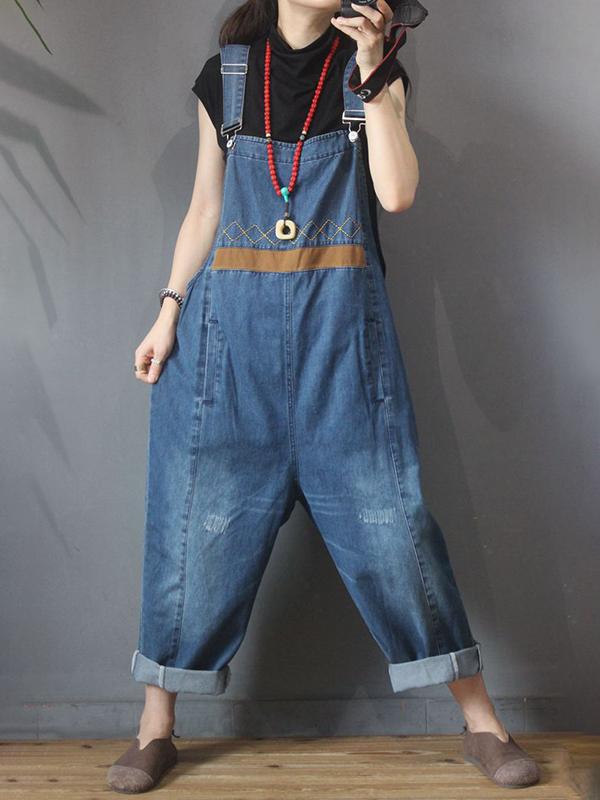 Burr Frayed Spliced Loose Casual Jumpsuit