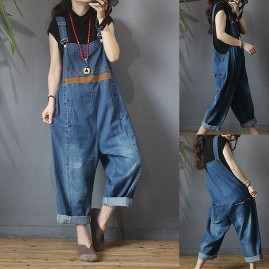 Burr Frayed Spliced Loose Casual Jumpsuit