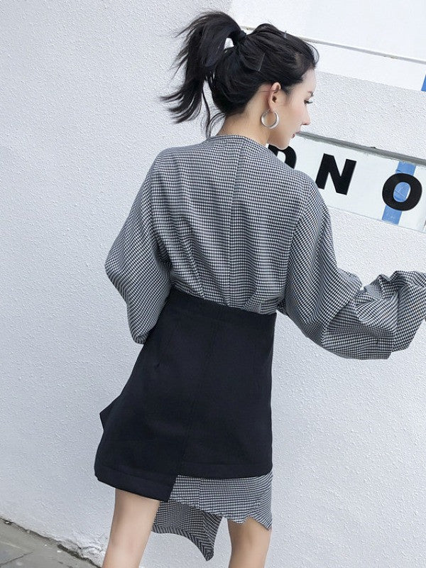 Casual Cropped V-neck Plaid Blouses&Skirt Suits