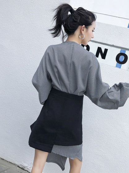 Casual Cropped V-neck Plaid Blouses&Skirt Suits