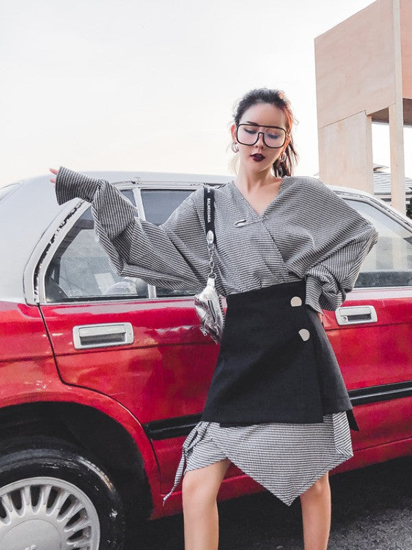 Casual Cropped V-neck Plaid Blouses&Skirt Suits