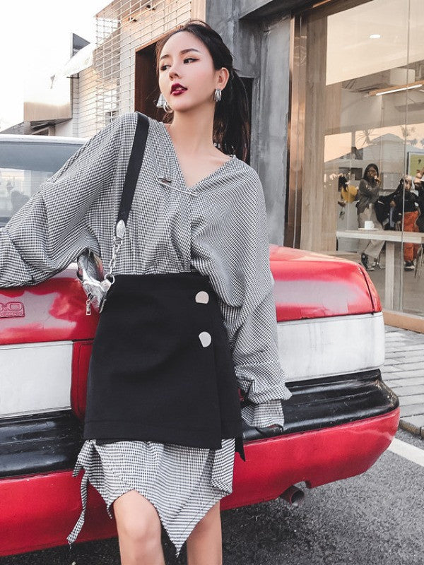 Casual Cropped V-neck Plaid Blouses&Skirt Suits