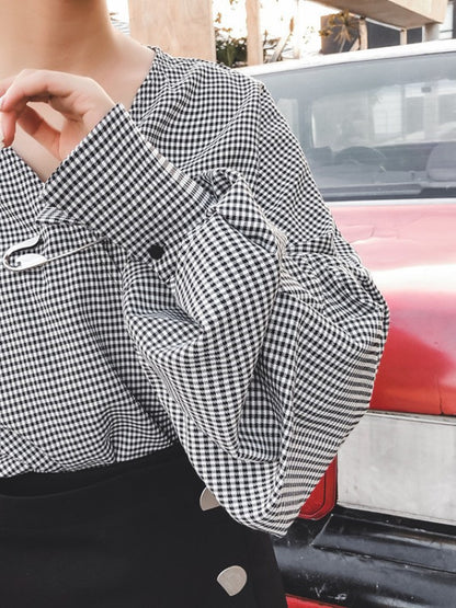 Casual Cropped V-neck Plaid Blouses&Skirt Suits