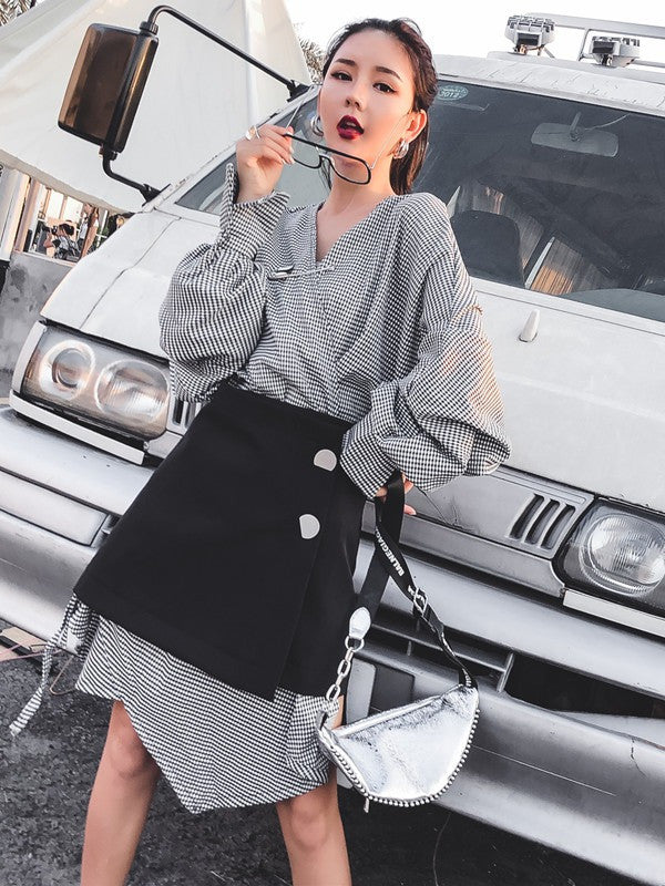 Casual Cropped V-neck Plaid Blouses&Skirt Suits