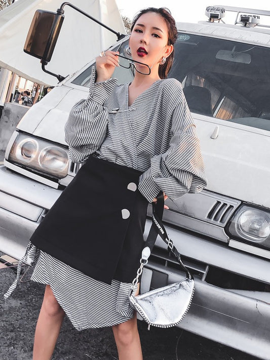 Casual Cropped V-neck Plaid Blouses&Skirt Suits