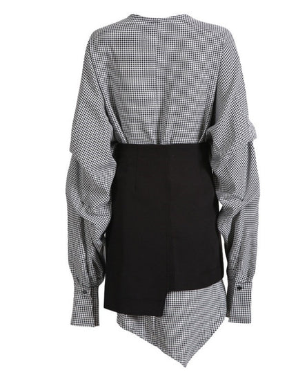 Casual Cropped V-neck Plaid Blouses&Skirt Suits