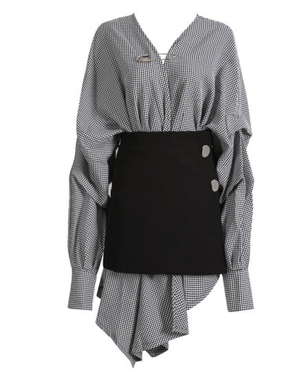 Casual Cropped V-neck Plaid Blouses&Skirt Suits
