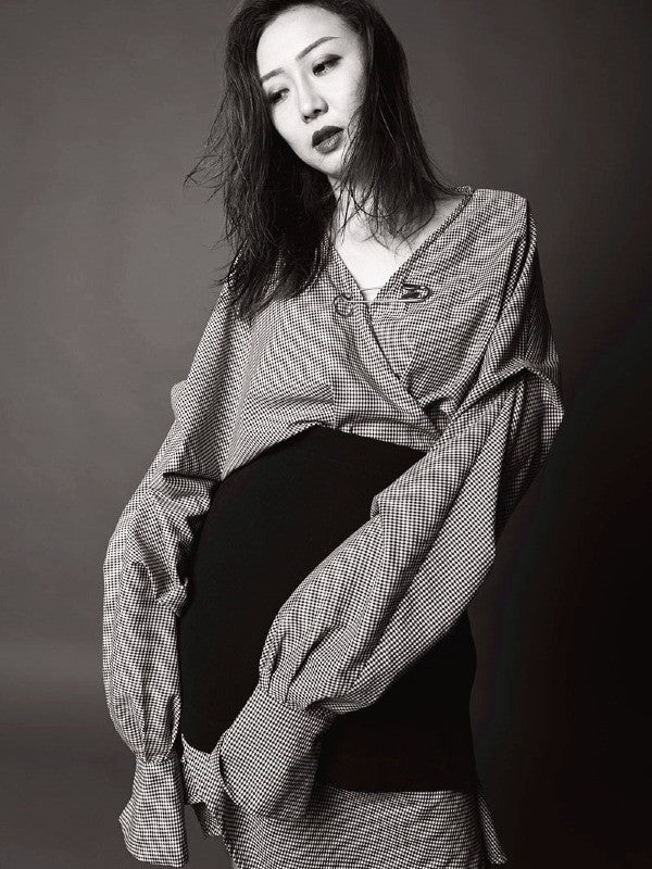 Casual Cropped V-neck Plaid Blouses&Skirt Suits