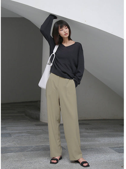 CASUAL SOLID EMPIRE WIDE LEG PANTS