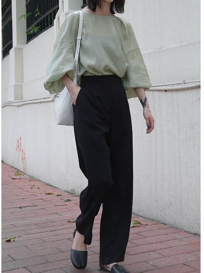 CASUAL SOLID EMPIRE WIDE LEG PANTS
