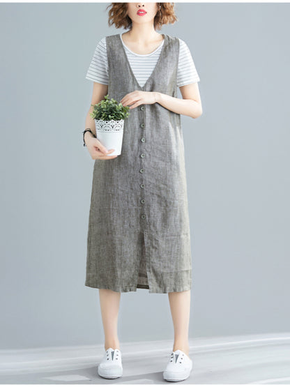 CASUAL SOLID SPLIT-FRONT WIDE STRAPS MIDI DRESS