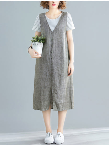 CASUAL SOLID SPLIT-FRONT WIDE STRAPS MIDI DRESS