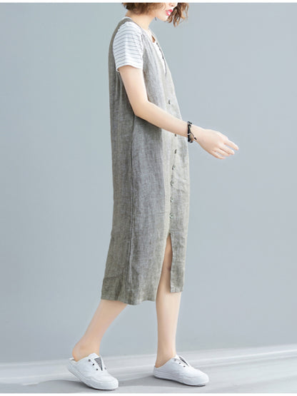 CASUAL SOLID SPLIT-FRONT WIDE STRAPS MIDI DRESS