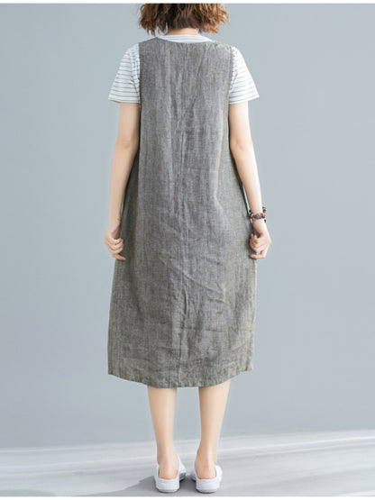 CASUAL SOLID SPLIT-FRONT WIDE STRAPS MIDI DRESS