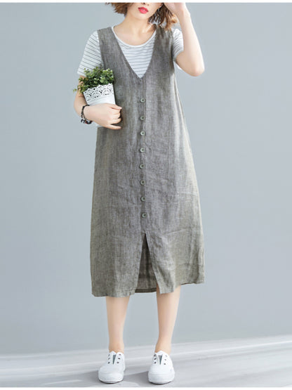 CASUAL SOLID SPLIT-FRONT WIDE STRAPS MIDI DRESS