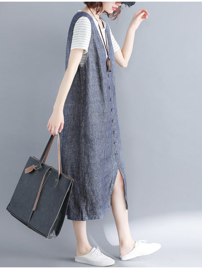CASUAL SOLID SPLIT-FRONT WIDE STRAPS MIDI DRESS