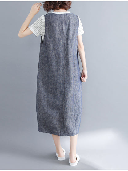 CASUAL SOLID SPLIT-FRONT WIDE STRAPS MIDI DRESS