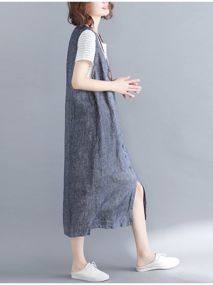 CASUAL SOLID SPLIT-FRONT WIDE STRAPS MIDI DRESS
