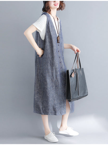 CASUAL SOLID SPLIT-FRONT WIDE STRAPS MIDI DRESS