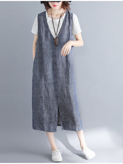 CASUAL SOLID SPLIT-FRONT WIDE STRAPS MIDI DRESS