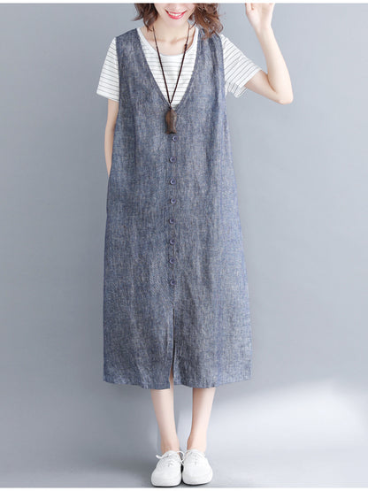CASUAL SOLID SPLIT-FRONT WIDE STRAPS MIDI DRESS