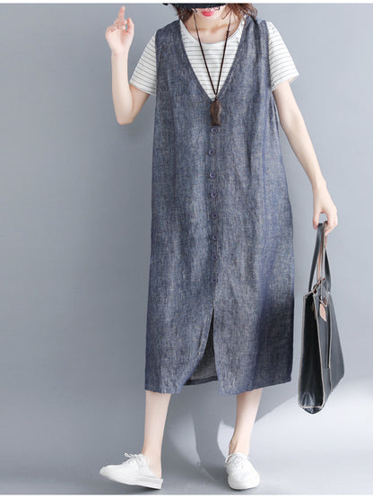 CASUAL SOLID SPLIT-FRONT WIDE STRAPS MIDI DRESS