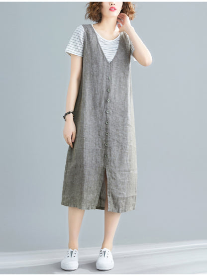 CASUAL SOLID SPLIT-FRONT WIDE STRAPS MIDI DRESS