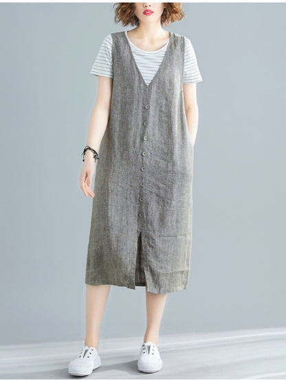 CASUAL SOLID SPLIT-FRONT WIDE STRAPS MIDI DRESS