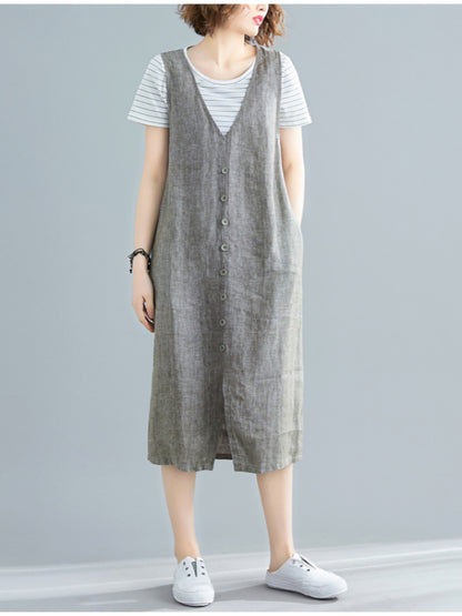 CASUAL SOLID SPLIT-FRONT WIDE STRAPS MIDI DRESS