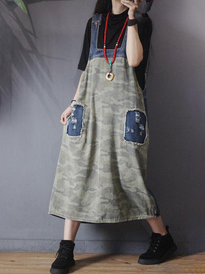 Camouflage Patchwork Frayed Loose Suspender Dress