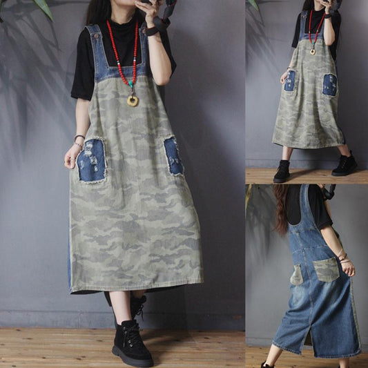 Camouflage Patchwork Frayed Loose Suspender Dress