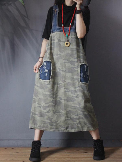 Camouflage Patchwork Frayed Loose Suspender Dress