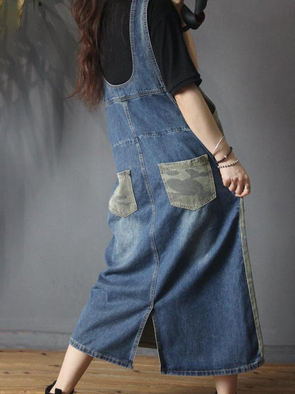 Camouflage Patchwork Frayed Loose Suspender Dress