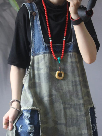 Camouflage Patchwork Frayed Loose Suspender Dress