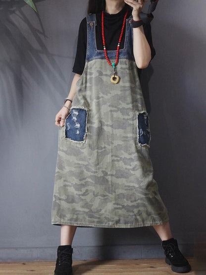 Camouflage Patchwork Frayed Loose Suspender Dress
