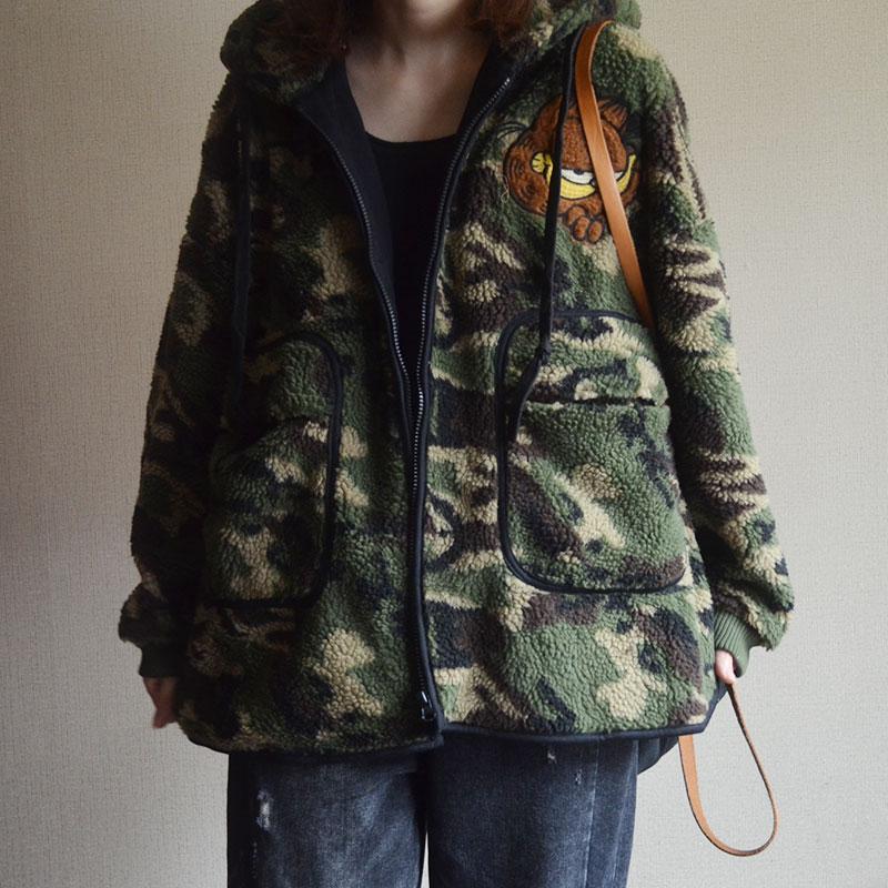 Camouflage Zipper Large Pocket Lambswool Coat